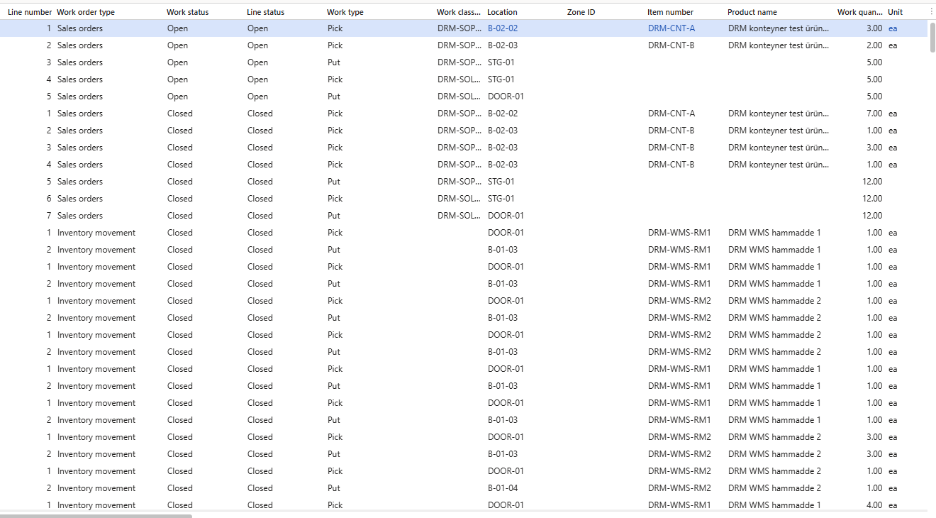 Dynamics 365 WMS ambar iş satırları ekranı